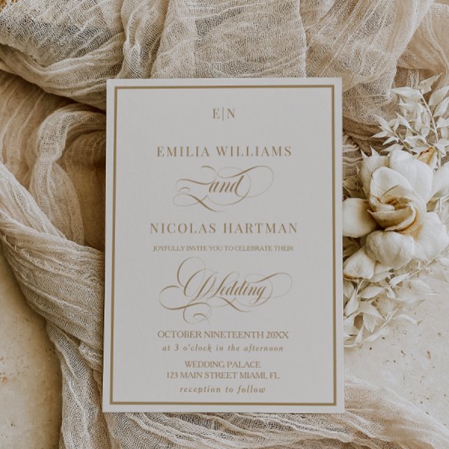 Convites Casamento Clássico Monograma Marfim Dourado (Criador carregado)