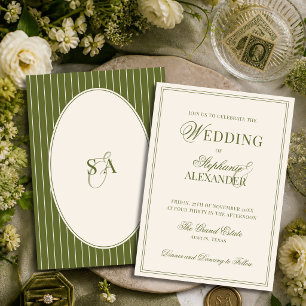 Convites Casamento Clássico Monograma Old Money Verde Oliva
