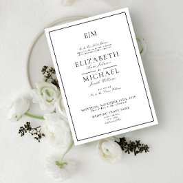 Convites Casamento Clássico Monograma Preto Branco Elegante