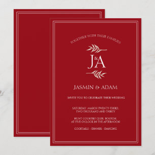Convites Casamento Clássico Monograma Vermelho Carmesim Ele