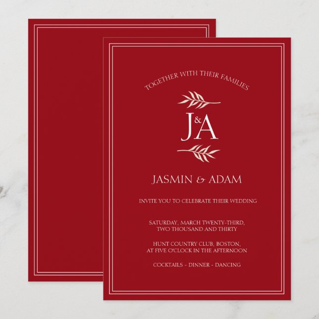 Convites Casamento Clássico Monograma Vermelho Carmesim Ele (Frente/Verso)