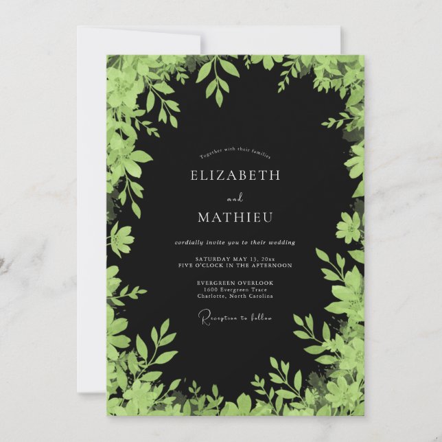 Convites Casamento Clássico Preto com Folhas de Chartreuse (Frente)