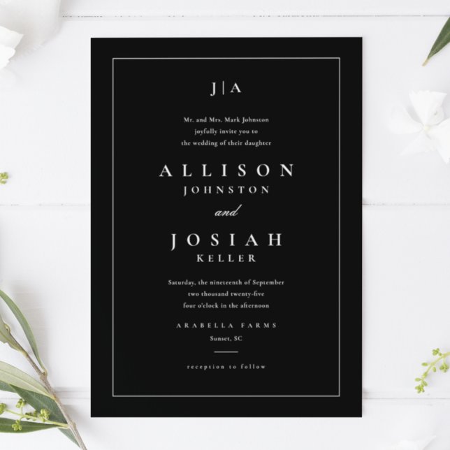 Convites Casamento Clássico Preto e Branco (Classic formal black and white wedding invitation with couples monogram and elegant typography.)
