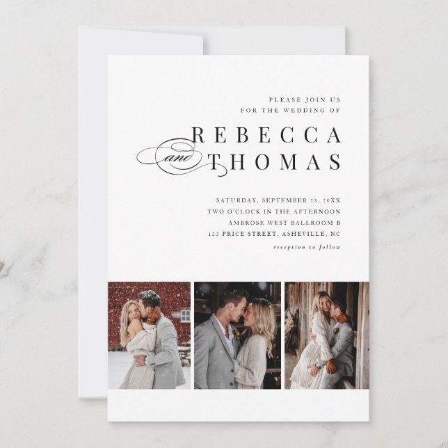 Convites Casamento Clássico Preto e Branco com 3 Fotos  (Frente)