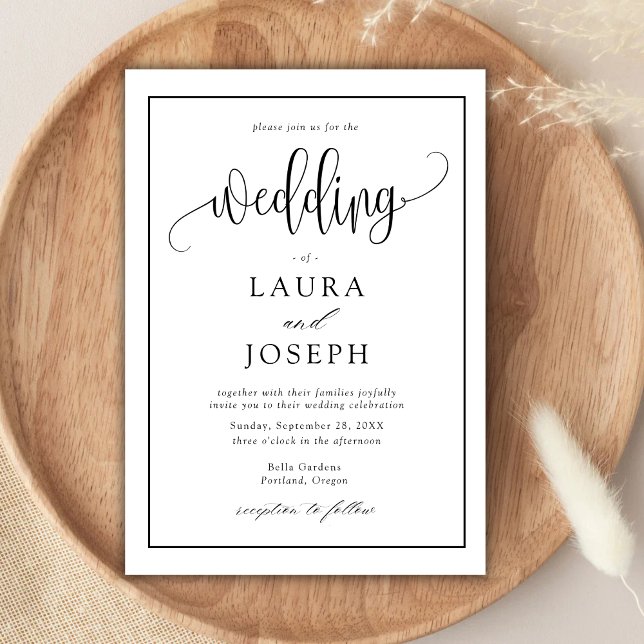 Convites Casamento Clássico Preto e Branco com Letra Elegan (Elegant script black and white wedding invitation sets a timeless romantic tone with your details)