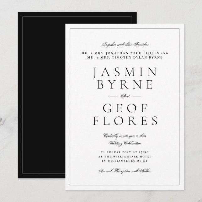 Convites Casamento Clássico Preto e Branco Minimalista Eleg (Frente/Verso)