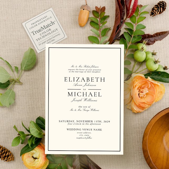 Convites Casamento Clássico Preto e Creme com Letra Elegant (Criador carregado)