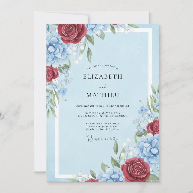 Convites Casamento Clássico Rosa Azul Pálido Borgonha (Frente)