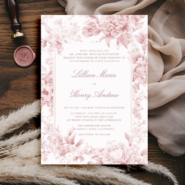 Convites Casamento Clássico Rosa-Rosa Romântico do Jardim V (vintage garden wedding invitation pink toile french floral romantic old money formal traditional)