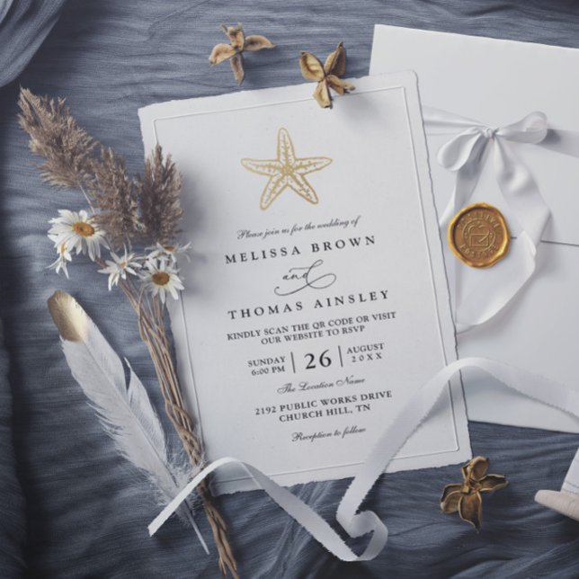 Convites Casamento Clássico Simples Concha Dourado Elegante (Criador carregado)