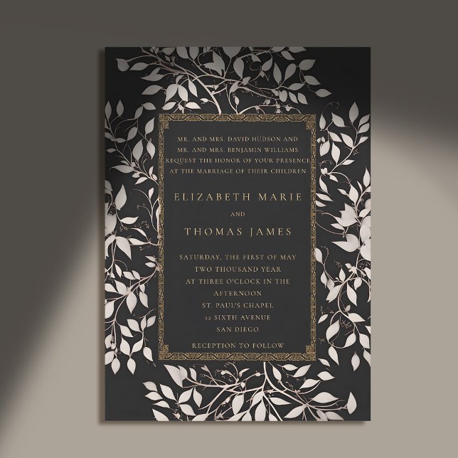 Convites Casamento Clássico Tradicional da Floresta Moody P (moody forest wedding invitation botanical frame black white gold elegant classic traditional parents)