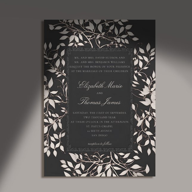 Convites Casamento Clássico Tradicional de Folhagem da Flor (moody forest wedding invitation botanical frame black white elegant classic traditional parents)