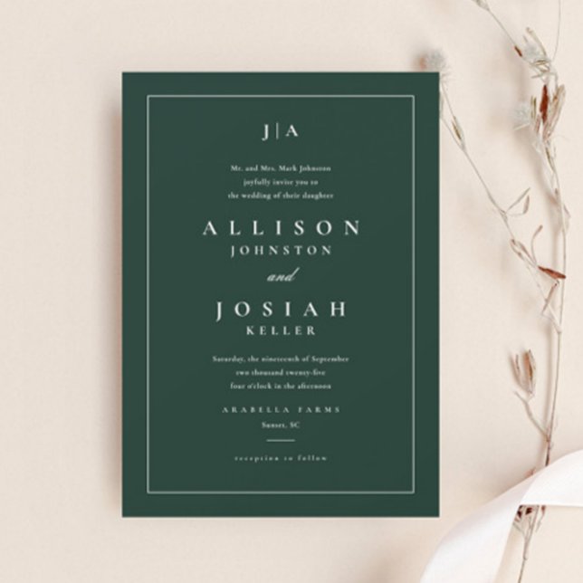 Convites Casamento Clássico Verde (Elegant Dark Green Wedding Invitation.)