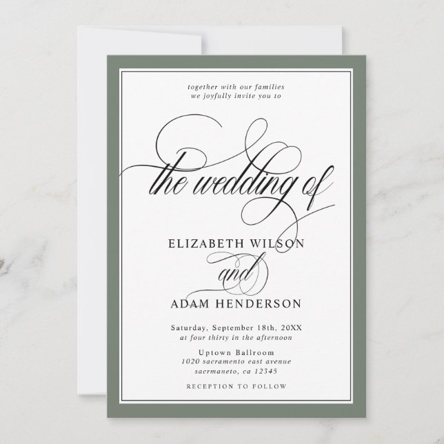 Convites Casamento Clássico Verde-Azeite Elegante e Branco (Frente)
