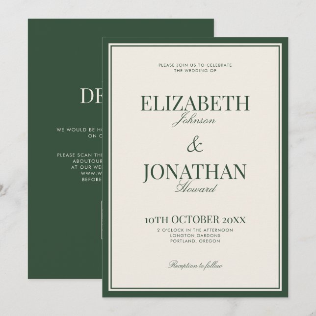 Convites Casamento Clássico Verde Dinheiro Antigo Código QR (Frente/Verso)