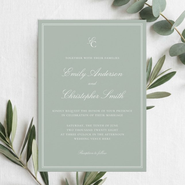 Convites Casamento Clássico Verde Sage Elegante (Criador carregado)