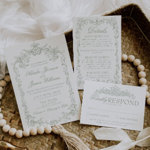 Convites Casamento Clássico Verde Sage Vintage Dinheiro Ant