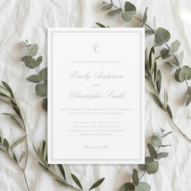 Convites Casamento Clássico Verde Sálvia Elegante (Criador carregado)