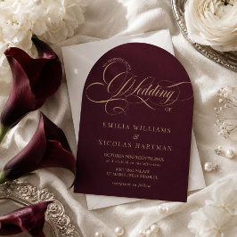 Convites Casamento Clássico Vermelho Vinho e Dourado Tudo E