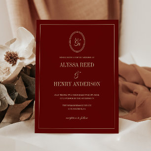 Convites Casamento Clássico Vermelho Vinho Monograma Modern