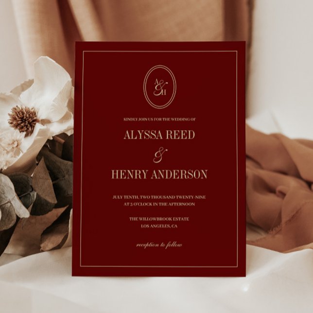 Convites Casamento Clássico Vermelho Vinho Monograma Modern (Criador carregado)