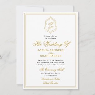 Convites Casamento clássico vintage dourado crista monogram