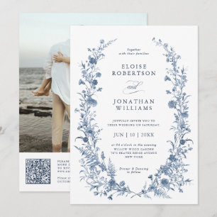 Convites Casamento Clássico Vitoriano Azul Francês Código Q