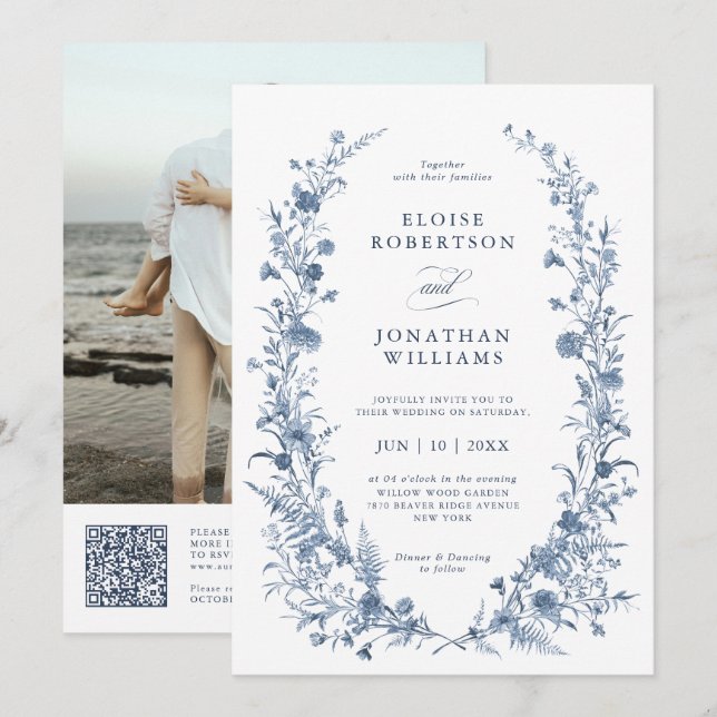 Convites Casamento Clássico Vitoriano Azul Francês Código Q (Frente/Verso)