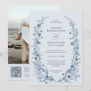 Convites Casamento Clássico Vitoriano Azul Francês Código Q
