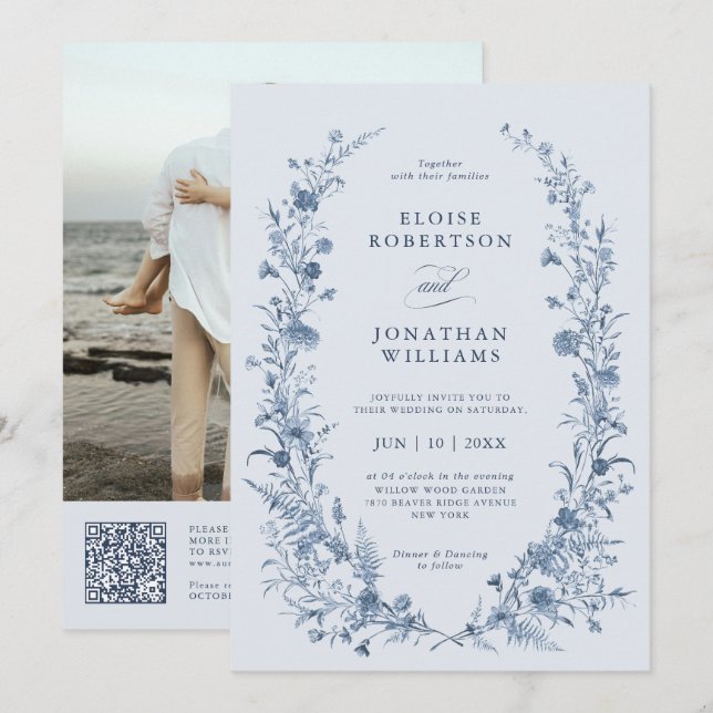 Convites Casamento Clássico Vitoriano Azul Francês Código Q (Frente/Verso)