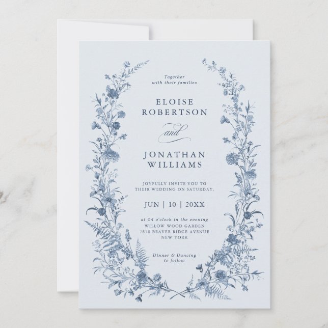Convites Casamento Clássico Vitoriano Azul Francês Jardim C (Frente)