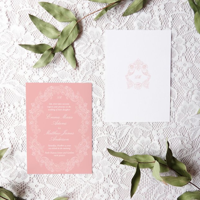 Convites Casamento Clássico Vitoriano Cinza-Rosa (rococo blush pink wedding invitation with a delicate botanical frame illustration and monogram crest)