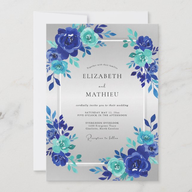 Convites Casamento Cobalt Aqua Bloom (Frente)