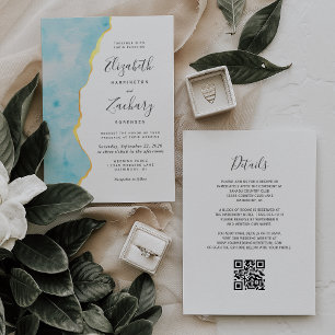 Convites Casamento Código QR Ágata Azul Aqua Aquarela Moder