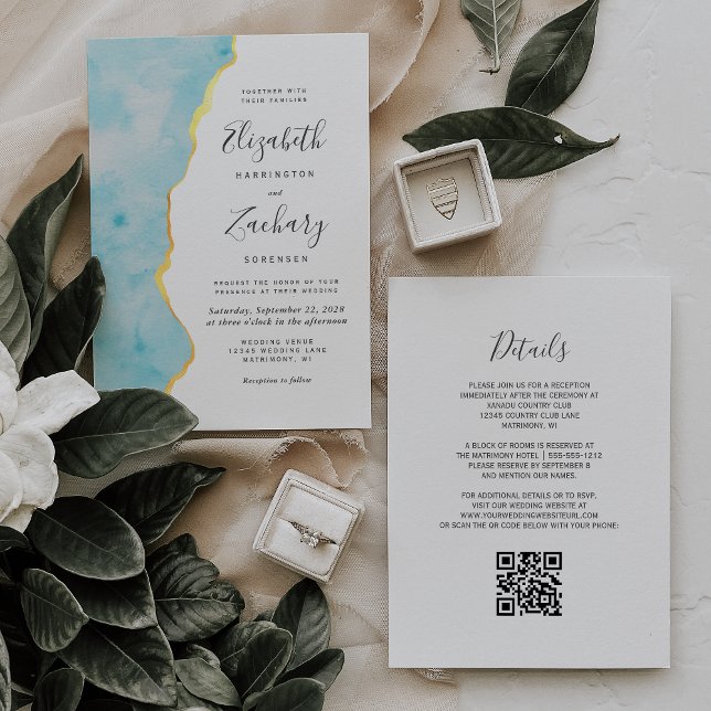 Convites Casamento Código QR Ágata Azul Aqua Aquarela Moder (Criador carregado)