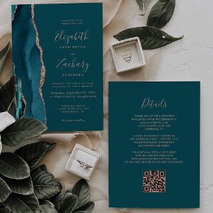 Convites Casamento Código QR Ágata Azul Chic Dourado Rosa