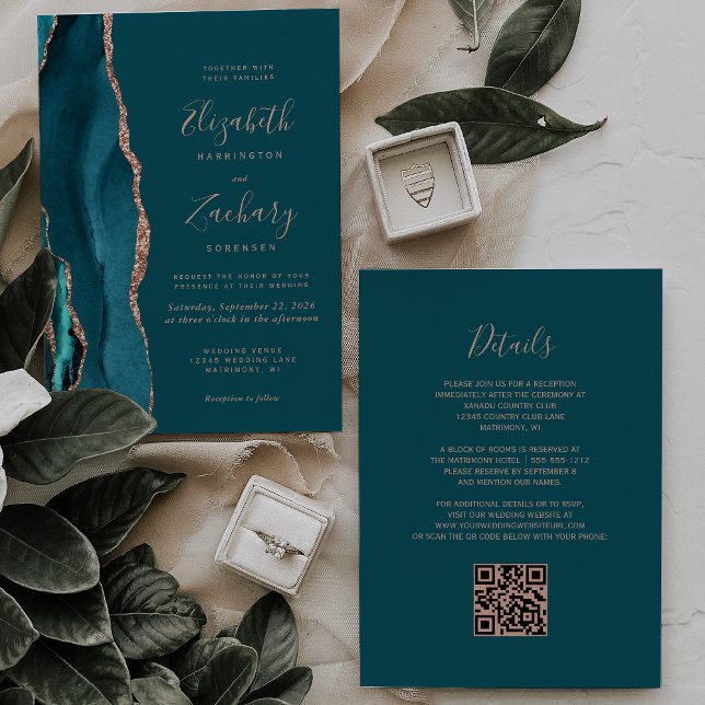 Convites Casamento Código QR Ágata Azul Chic Dourado Rosa (Criador carregado)