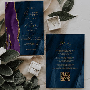 Convites Casamento Código QR Ágata Azul Marinho Dourado Rox