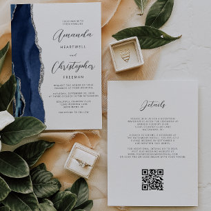 Convites Casamento Código QR Ágata Azul Marinho Prata