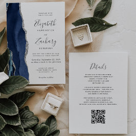 Convites Casamento Código QR Ágata Azul Marinho Prata