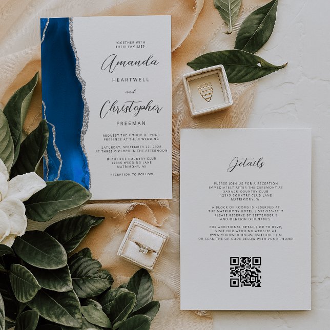 Convites Casamento Código QR Ágata Azul Real Prata (Criador carregado)