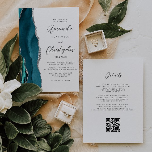 Convites Casamento Código QR Ágata Azul Teal Prata (Criador carregado)