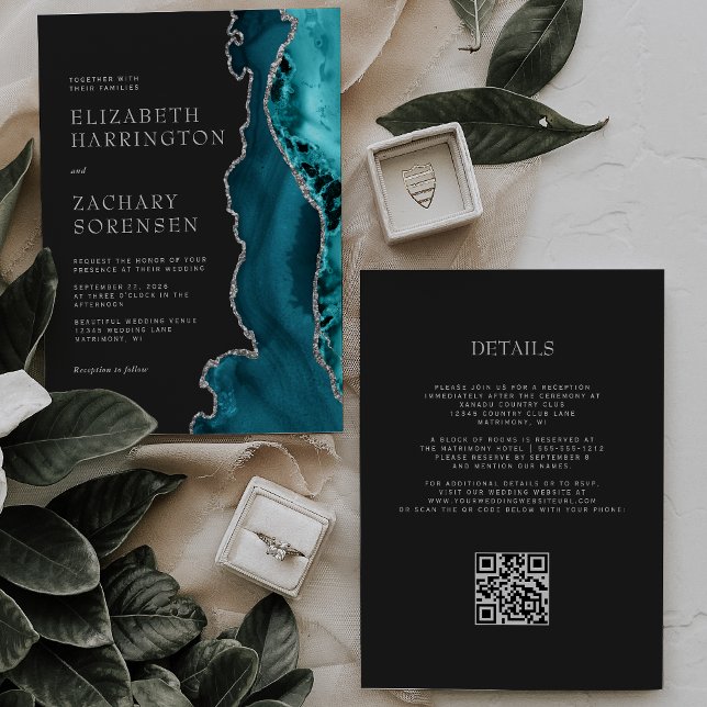 Convites Casamento Código QR Ágata Azul Teal Prata (Criador carregado)