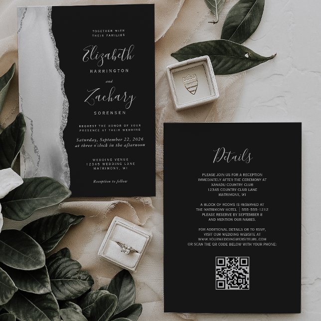 Convites Casamento Código QR Ágata Cinza Branco Prata Ardós (Criador carregado)