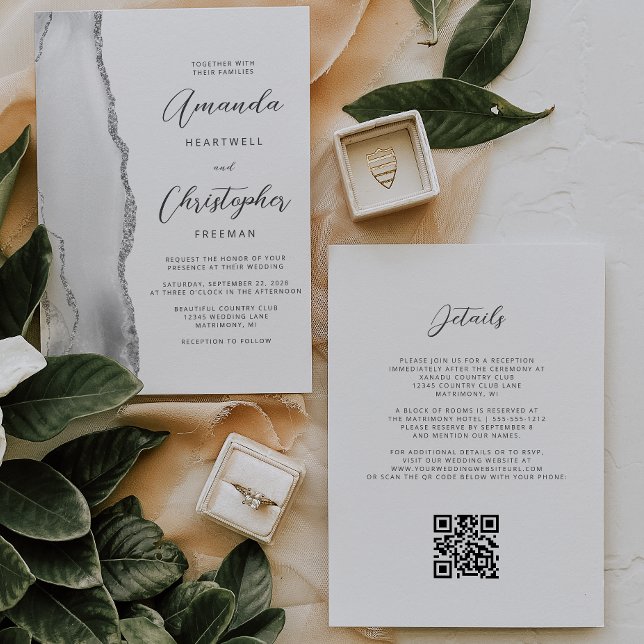 Convites Casamento Código QR Ágata Cinza Prata (Criador carregado)