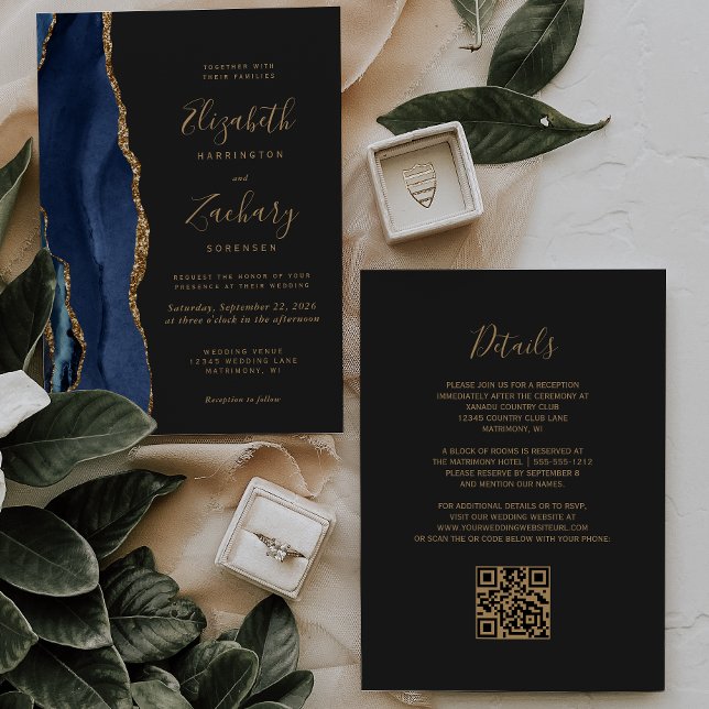 Convites Casamento Código QR Ágata Dourada Azul Marinho (Criador carregado)