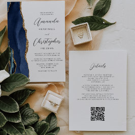 Convites Casamento Código QR Ágata Dourada Azul Naval