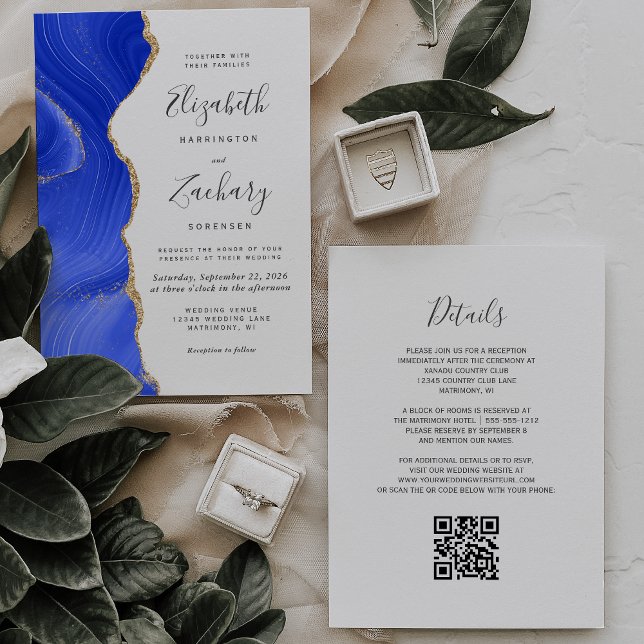 Convites Casamento Código QR Ágata Dourada Azul Real (Criador carregado)