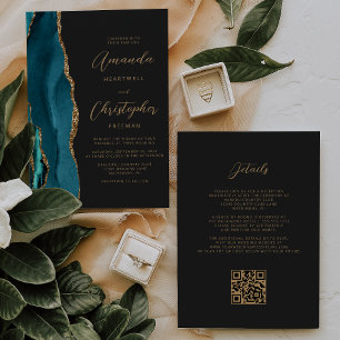 Convites Casamento Código QR Ágata Dourada Azul Verde Escur