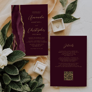 Convites Casamento Código QR Ágata Dourada Borgonha